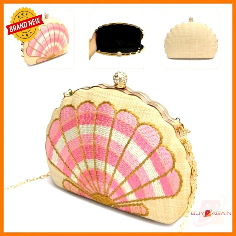 Straw Woven Clutch Purse with Shell Pattern, Chain Strap, Kiss Lock Closure